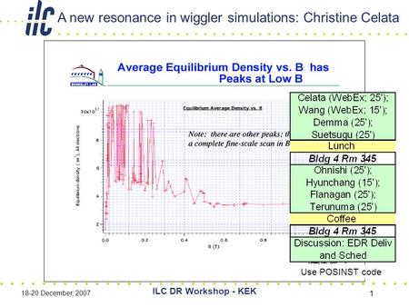 ILC DR Workshop - KEK 18-20 December, 2007 1 A new resonance in wiggler simulations: Christine Celata Use POSINST code.