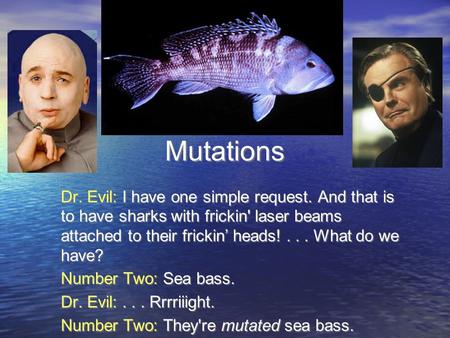 Mutations Dr. Evil: I have one simple request. And that is to have sharks with frickin' laser beams attached to their frickin’ heads!... What do we have?