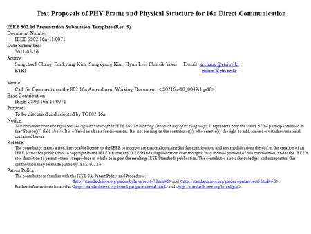 Text Proposals of PHY Frame and Physical Structure for 16n Direct Communication IEEE 802.16 Presentation Submission Template (Rev. 9) Document Number:
