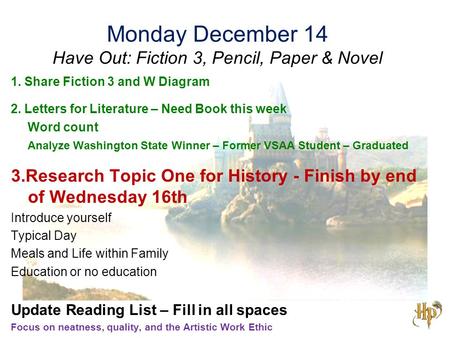 Monday December 14 Have Out: Fiction 3, Pencil, Paper & Novel 1. Share Fiction 3 and W Diagram 2. Letters for Literature – Need Book this week Word count.