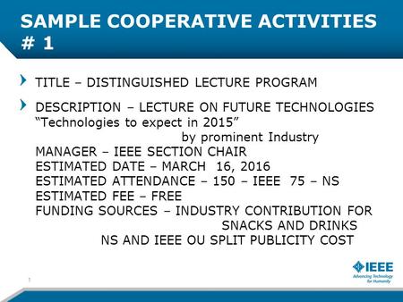 SAMPLE COOPERATIVE ACTIVITIES # 1 1 TITLE – DISTINGUISHED LECTURE PROGRAM DESCRIPTION – LECTURE ON FUTURE TECHNOLOGIES “Technologies to expect in 2015”