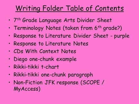 Writing Folder Table of Contents