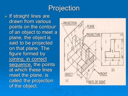 Projection  If straight lines are drawn from various points on the contour of an object to meet a plane, the object is said to be projected on that plane.