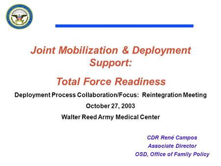 Joint Mobilization & Deployment Support: Total Force Readiness Deployment Process Collaboration/Focus: Reintegration Meeting October 27, 2003 Walter Reed.