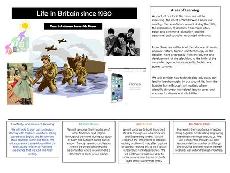 Areas of Learning As part of our topic this term, we will be exploring the effect of World War II upon our country: the devastation caused during the Blitz,