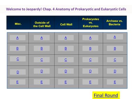 Welcome to Jeopardy! Chap. 4 Anatomy of Prokaryotic and Eukaryotic Cells A B C E AAA A BBBB CCCC DDDD EEEE Misc. Outside of the Cell Wall Cell Wall Prokaryotes.