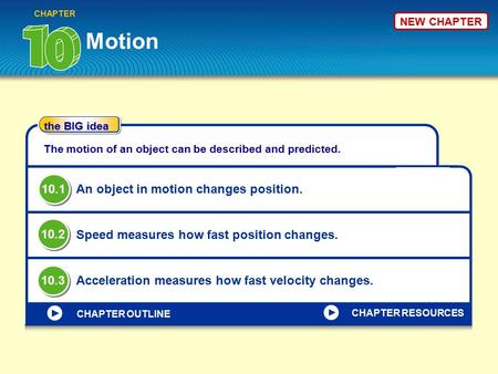 The BIG idea CHAPTER OUTLINE NEW CHAPTER Motion CHAPTER The motion of an object can be described and predicted. An object in motion changes position. Speed.