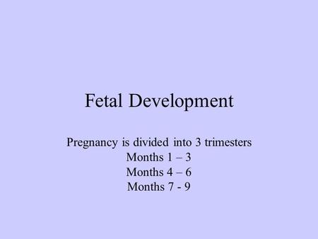 Fetal Development Pregnancy is divided into 3 trimesters Months 1 – 3 Months 4 – 6 Months 7 - 9.