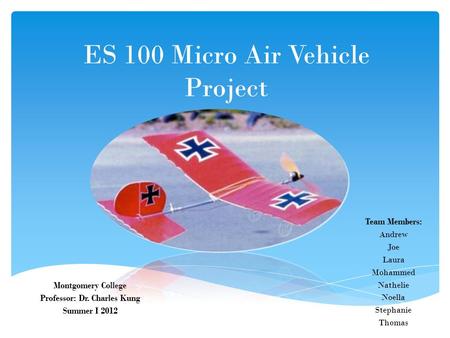 ES 100 Micro Air Vehicle Project Montgomery College Professor: Dr. Charles Kung Summer I 2012 Team Members: Andrew Joe Laura Mohammed Nathelie Noella Stephanie.