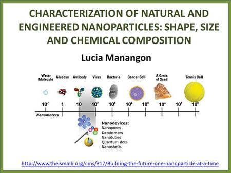 CHARACTERIZATION OF NATURAL AND ENGINEERED NANOPARTICLES: SHAPE, SIZE AND CHEMICAL COMPOSITION Lucia Manangon
