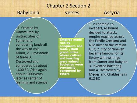 Chapter 2 Section 2 Babylonia verses Assyria 1. Created by Hammurabi by uniting cities of Sumer and conquering lands all the way to Asia Minor, 2. Crossroads.