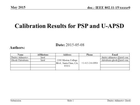 Submission doc.: IEEE 802.11-15/xxxxr0 May 2015 Slide 1 Dmitry Akhmetov (Intel) Calibration Results for PSP and U-APSD Date: 2015-05-08 Authors: NameAffiliationsAddressPhoneEmail.