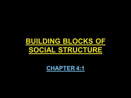 BUILDING BLOCKS OF SOCIAL STRUCTURE CHAPTER 4:1. BUILDING BLOCKS OF SOCIAL STRUCTURE Social structure- the network of interrelated statuses and roles.