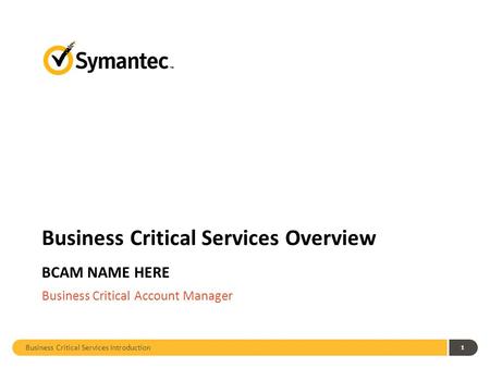 Business Critical Services Introduction 1 Business Critical Services Overview BCAM NAME HERE Business Critical Account Manager.
