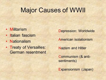 Major Causes of WWII Militarism Italian fascism Nationalism Treaty of Versailles: German resentment Depression: Worldwide American isolationism Nazism.