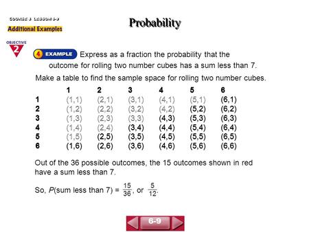 Express as a fraction the probability that the outcome for rolling two number cubes has a sum less than 7. Probability COURSE 3 LESSON 6-9 Make a table.