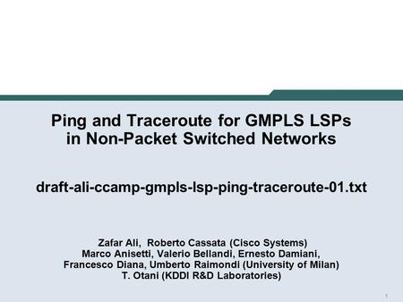 1 Ping and Traceroute for GMPLS LSPs in Non-Packet Switched Networks draft-ali-ccamp-gmpls-lsp-ping-traceroute-01.txt Zafar Ali, Roberto Cassata (Cisco.