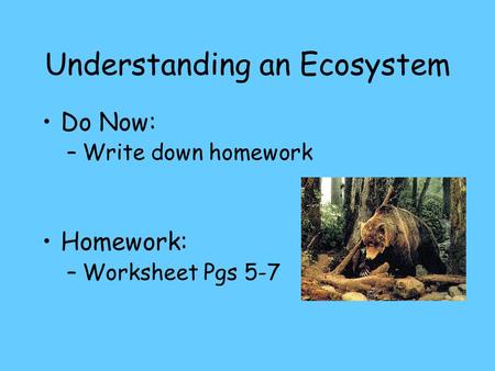 Understanding an Ecosystem Do Now: –Write down homework Homework: –Worksheet Pgs 5-7.