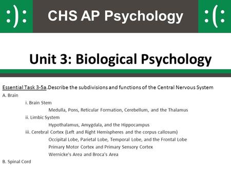 CHS AP Psychology Unit 3: Biological Psychology Essential Task 3-5a.Describe the subdivisions and functions of the Central Nervous System A. Brain i. Brain.