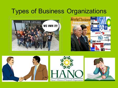 Types of Business Organizations. 1) Sole Proprietorships 2) Partnerships 3) Corporations 4) Cooperatives/Nonprofit Organizations.