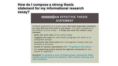 How do I compose a strong thesis statement for my informational research essay?