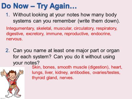 Do Now – Try Again… Without looking at your notes how many body systems can you remember (write them down). Can you name at least one major part or organ.