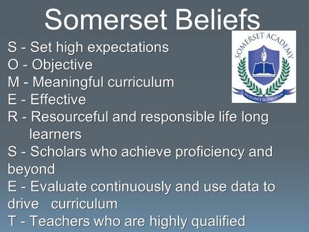 Somerset Beliefs S - Set high expectations O - Objective M - Meaningful curriculum E - Effective R - Resourceful and responsible life long learners S -
