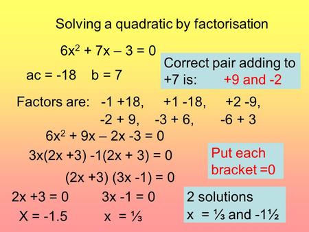 Solving a quadratic by factorisation 6x 2 + 7x – 3 = 0 ac = -18 b = 7 Factors are: -1 +18, +1 -18, +2 -9, -2 + 9, -3 + 6, -6 + 3 Correct pair adding to.