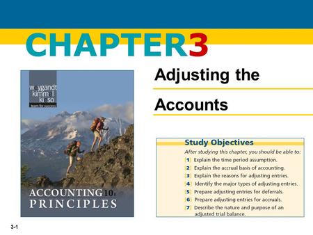3-1 CHAPTER3 Adjusting the Accounts. 3-2  Generally a month, a quarter, or a year.  Also known as the “Periodicity Assumption” Timing Issues Accountants.