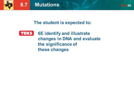 8.7 Mutations TEKS 6E The student is expected to: 6E identify and illustrate changes in DNA and evaluate the significance of these changes.