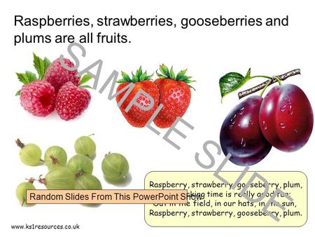 www.ks1resources.co.uk Raspberries, strawberries, gooseberries and plums are all fruits. Raspberry, strawberry, gooseberry, plum, Fruit picking time is.