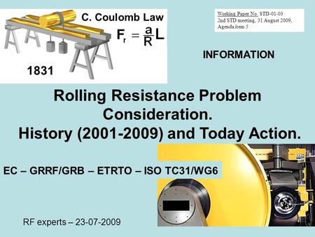 Rolling Resistance Problem Consideration. History (2001-2009) and Today Action. 1831 C. Coulomb Law EC – GRRF/GRB – ETRTO – ISO TC31/WG6 RF experts – 23-07-2009.