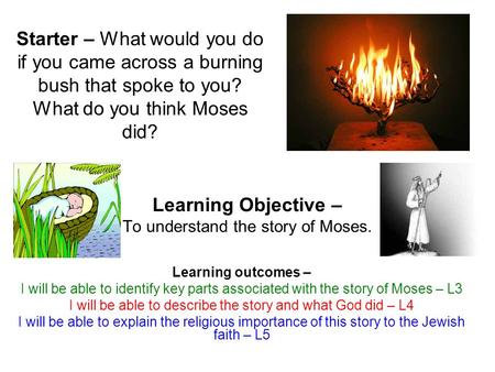 Learning Objective – To understand the story of Moses. Learning outcomes – I will be able to identify key parts associated with the story of Moses – L3.