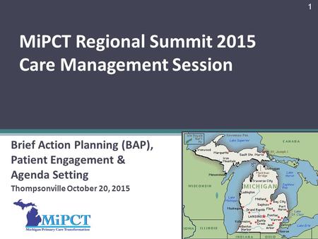 MiPCT Regional Summit 2015 Care Management Session Brief Action Planning (BAP), Patient Engagement & Agenda Setting Thompsonville October 20, 2015 1.