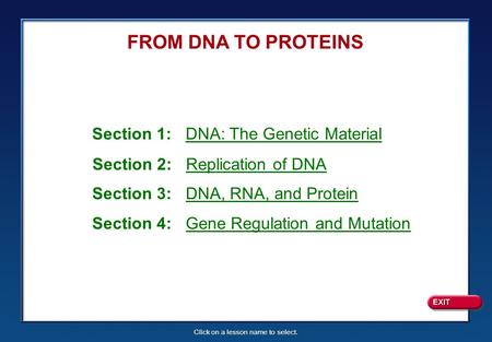 Click on a lesson name to select. FROM DNA TO PROTEINS Section 1: DNA: The Genetic Material Section 2: Replication of DNA Section 3: DNA, RNA, and Protein.