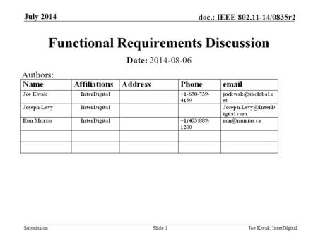 Submission doc.: IEEE 802.11-14/0835r2 July 2014 Joe Kwak, InterDigitalSlide 1 Functional Requirements Discussion Date: 2014-08-06 Authors: