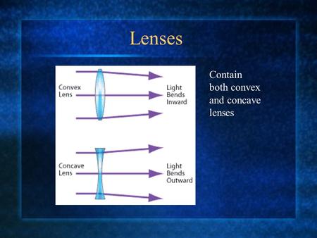 Lenses Contain both convex and concave lenses. Lenses Many concave and convex lenses, called elements are grouped together to produce a specific magnification.