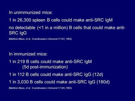 In unimmunized mice: 1 in 26,300 spleen B cells could make anti-SRC IgM no detectable (
