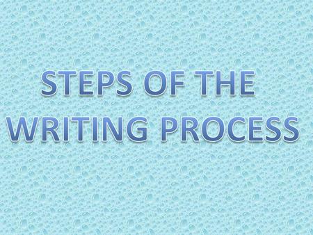 STEPS OF THE WRITING PROCESS 1. Prewriting 2. Writing 3. Revising 4. Editing 5. Publishing.