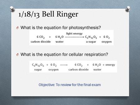 1/18/13 Bell Ringer O What is the equation for photosynthesis? O What is the equation for cellular respiration? Objective: To review for the final exam.