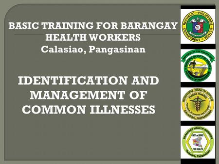 IDENTIFICATION AND MANAGEMENT OF COMMON ILLNESSES BASIC TRAINING FOR BARANGAY HEALTH WORKERS Calasiao, Pangasinan.