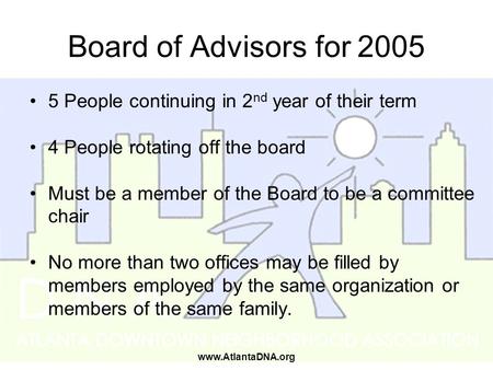 Www.AtlantaDNA.org Board of Advisors for 2005 5 People continuing in 2 nd year of their term 4 People rotating off the board Must be a member of the Board.