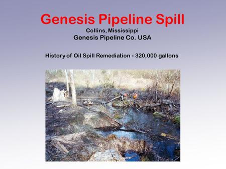 Genesis Pipeline Spill Collins, Mississippi Genesis Pipeline Co. USA History of Oil Spill Remediation - 320,000 gallons.