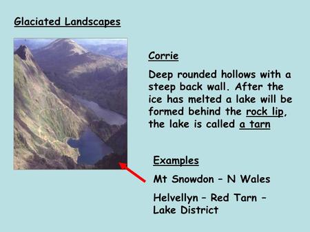 Glaciated Landscapes Corrie Deep rounded hollows with a steep back wall. After the ice has melted a lake will be formed behind the rock lip, the lake is.