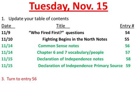 Tuesday, Nov. 15 1. Update your table of contents DateTitle Entry # 11/9“Who Fired First?” questions 54 11/10 Fighting Begins in the North Notes55 11/14.