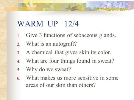 WARM UP 12/4 1. Give 3 functions of sebaceous glands. 2. What is an autograft? 3. A chemical that gives skin its color. 4. What are four things found in.