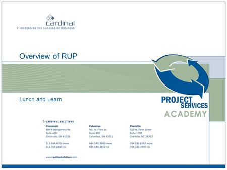 Overview of RUP Lunch and Learn. Overview of RUP © 2008 Cardinal Solutions Group 2 Welcome  Introductions  What is your experience with RUP  What is.