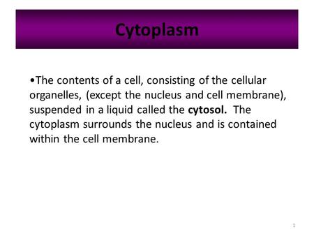 1 Cytoplasm The contents of a cell, consisting of the cellular organelles, (except the nucleus and cell membrane), suspended in a liquid called the cytosol.
