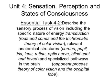 Unit 4: Sensation, Perception and States of Consciousness Essential Task 4-2 :Describe the sensory process of vision including the specific nature of energy.