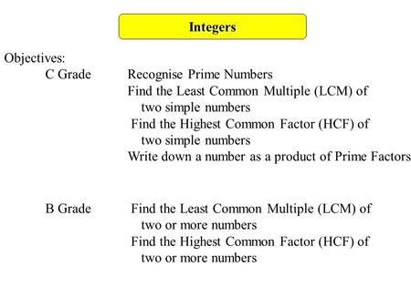 Integers Objectives: C Grade	Recognise Prime Numbers
